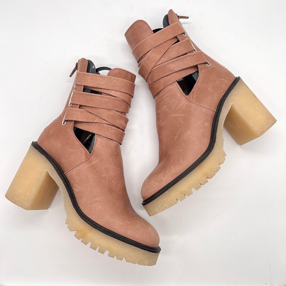 FREE PEOPLE Jesse Cut Out Boot Womens 38.5 8 English Tan Chunky Lug Sole Strappy - Picture 8 of 12